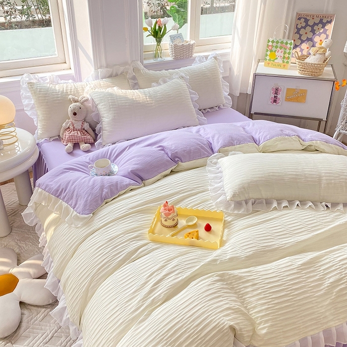 91家纺网 家纺一手货源 找家纺 慕澄  2023新款叶子泡泡雪纺花边系列 叶子泡泡-米紫色