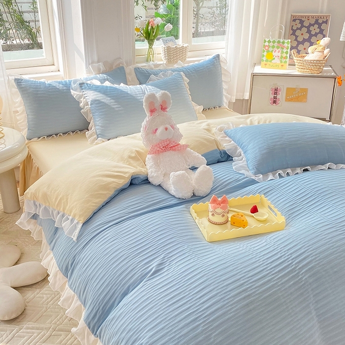 91家纺网 家纺一手货源 找家纺 慕澄  2023新款叶子泡泡雪纺花边系列 叶子泡泡-浅蓝黄