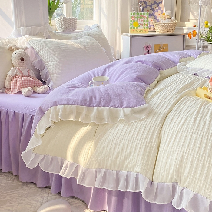 91家纺网 家纺一手货源 找家纺 慕澄  2023新款叶子泡泡雪纺花边系列 叶子泡泡-米紫色