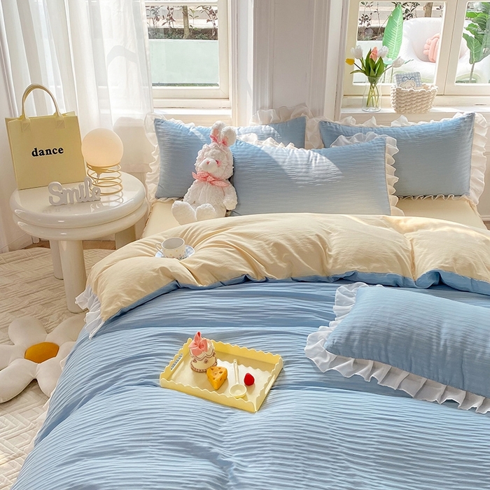 91家纺网 家纺一手货源 找家纺 慕澄  2023新款叶子泡泡雪纺花边系列 叶子泡泡-浅蓝黄