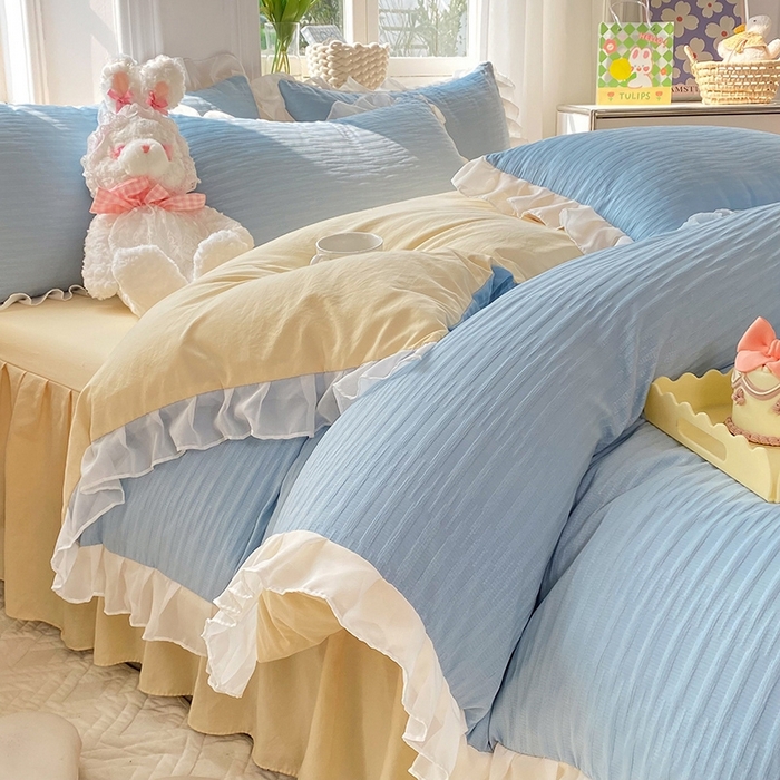 91家纺网 家纺一手货源 找家纺 慕澄  2023新款叶子泡泡雪纺花边系列 叶子泡泡-浅蓝黄