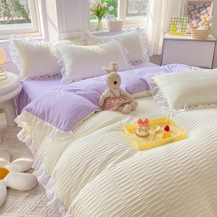 91家纺网 家纺一手货源 找家纺 慕澄  2023新款叶子泡泡雪纺花边系列 叶子泡泡-米紫色