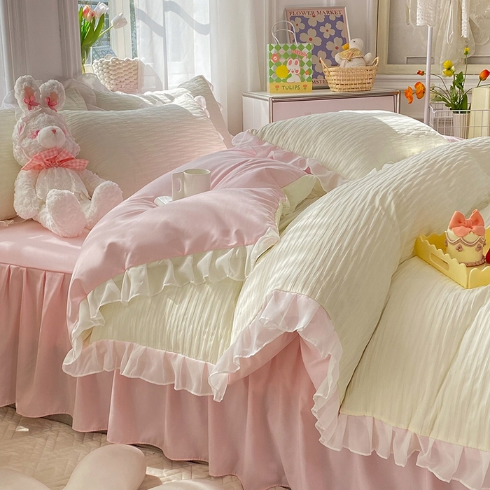 91家纺网 家纺一手货源 找家纺 慕澄  2023新款叶子泡泡雪纺花边系列 叶子泡泡-米粉色