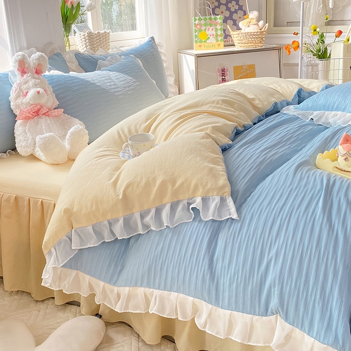 91家纺网 家纺一手货源 找家纺 慕澄  2023新款叶子泡泡雪纺花边系列 叶子泡泡-浅蓝黄