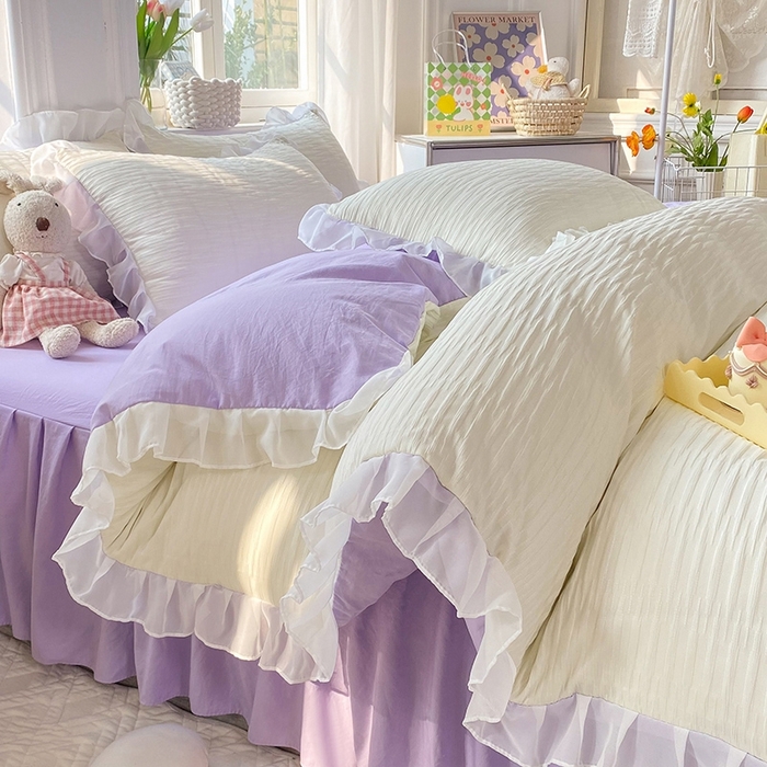 91家纺网 家纺一手货源 找家纺 慕澄  2023新款叶子泡泡雪纺花边系列 叶子泡泡-米紫色