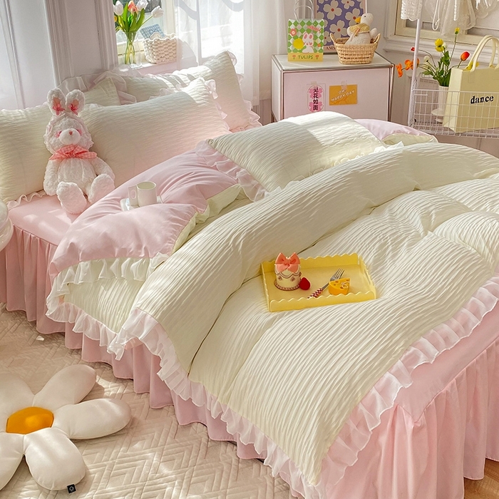 91家纺网 家纺一手货源 找家纺 慕澄  2023新款叶子泡泡雪纺花边系列 叶子泡泡-米粉色