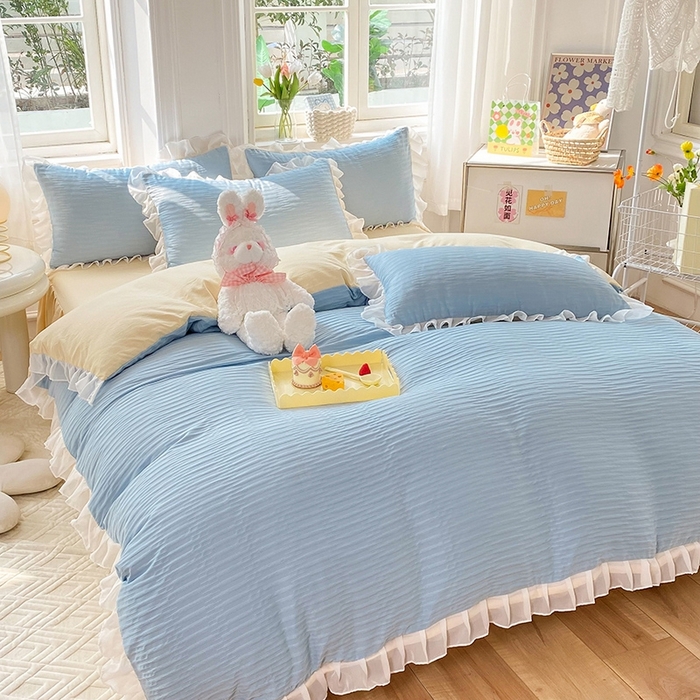 91家纺网 家纺一手货源 找家纺 慕澄  2023新款叶子泡泡雪纺花边系列 叶子泡泡-浅蓝黄