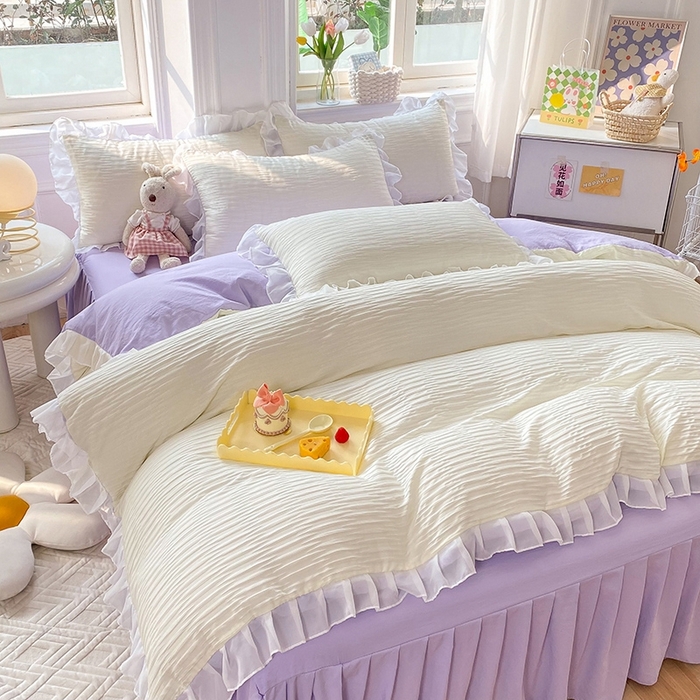 91家纺网 家纺一手货源 找家纺 慕澄  2023新款叶子泡泡雪纺花边系列 叶子泡泡-米紫色