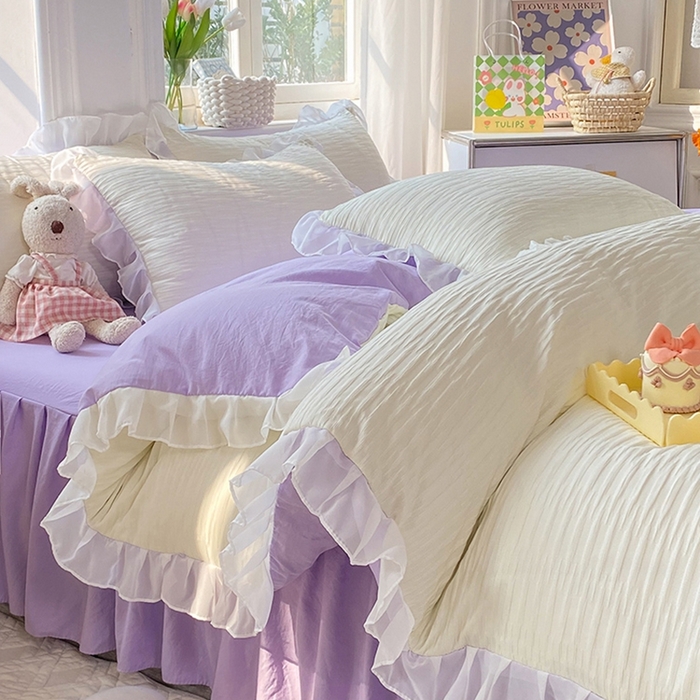 91家纺网 家纺一手货源 找家纺 慕澄  2023新款叶子泡泡雪纺花边系列 叶子泡泡-米紫色