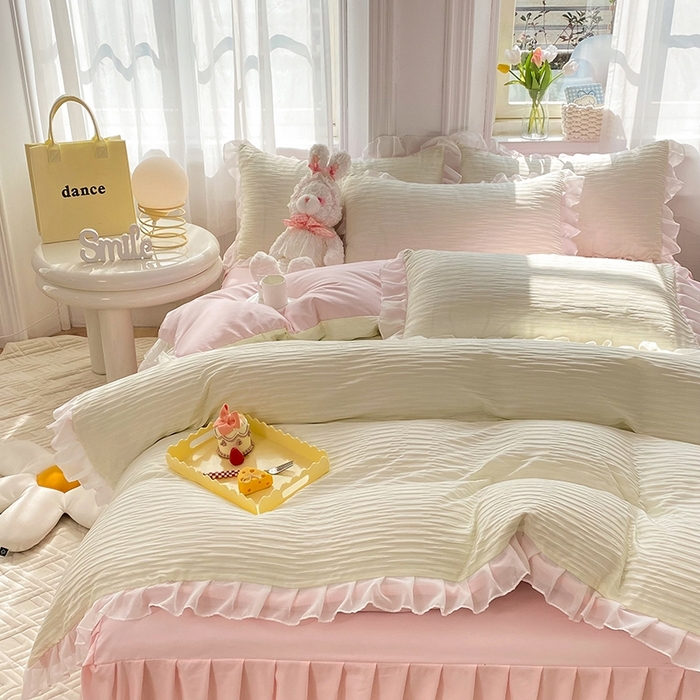 91家纺网 家纺一手货源 找家纺 慕澄  2023新款叶子泡泡雪纺花边系列 叶子泡泡-米粉色