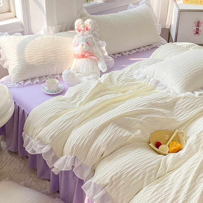 91家纺网 家纺一手货源 找家纺 慕澄  2023新款叶子泡泡雪纺花边系列 叶子泡泡-米紫色