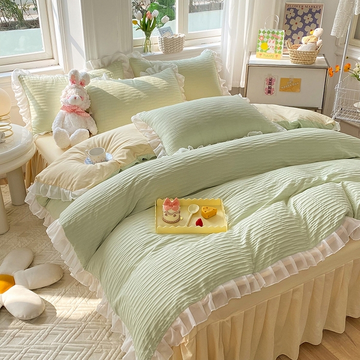 91家纺网 家纺一手货源 找家纺 慕澄  2023新款叶子泡泡雪纺花边系列 叶子泡泡-浅绿米