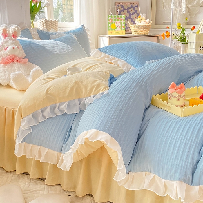 91家纺网 家纺一手货源 找家纺 慕澄  2023新款叶子泡泡雪纺花边系列 叶子泡泡-浅蓝黄