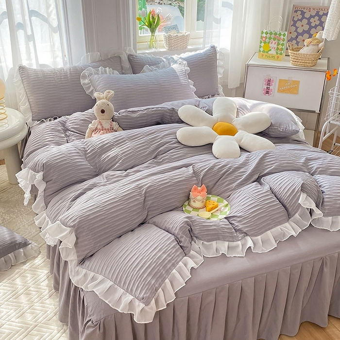 91家纺网 家纺一手货源 找家纺 慕澄  2023新款叶子泡泡雪纺花边系列 叶子泡泡-仙仙灰