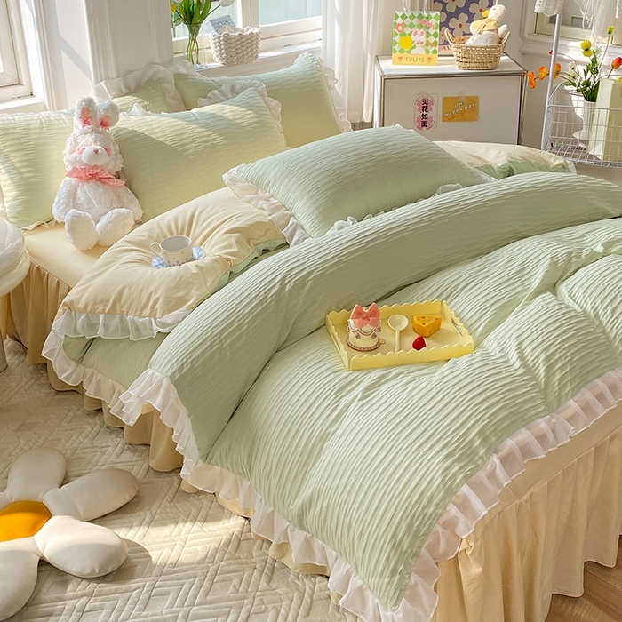 91家纺网 家纺一手货源 找家纺 慕澄  2023新款叶子泡泡雪纺花边系列 叶子泡泡-浅绿米