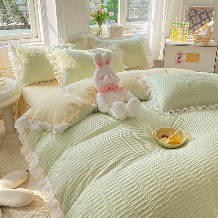 91家纺网 家纺一手货源 找家纺 慕澄  2023新款叶子泡泡雪纺花边系列 叶子泡泡-浅绿米