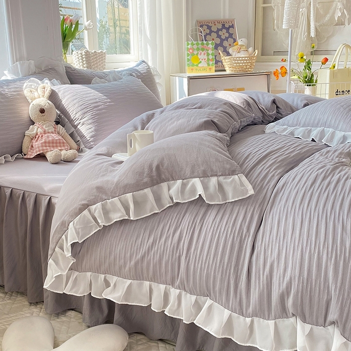 91家纺网 家纺一手货源 找家纺 慕澄  2023新款叶子泡泡雪纺花边系列 叶子泡泡-仙仙灰