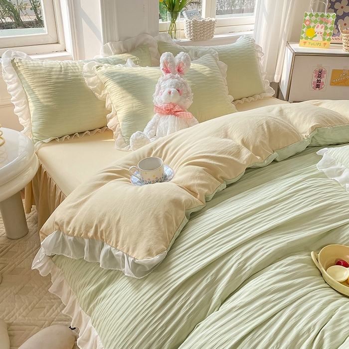 91家纺网 家纺一手货源 找家纺 慕澄  2023新款叶子泡泡雪纺花边系列 叶子泡泡-浅绿米