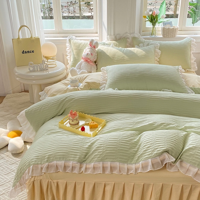 91家纺网 家纺一手货源 找家纺 慕澄  2023新款叶子泡泡雪纺花边系列 叶子泡泡-浅绿米