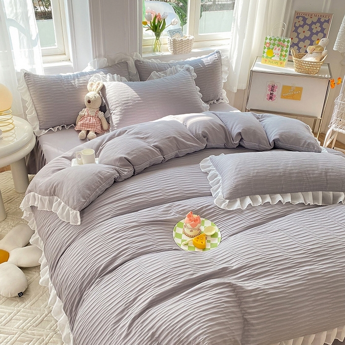 91家纺网 家纺一手货源 找家纺 慕澄  2023新款叶子泡泡雪纺花边系列 叶子泡泡-仙仙灰