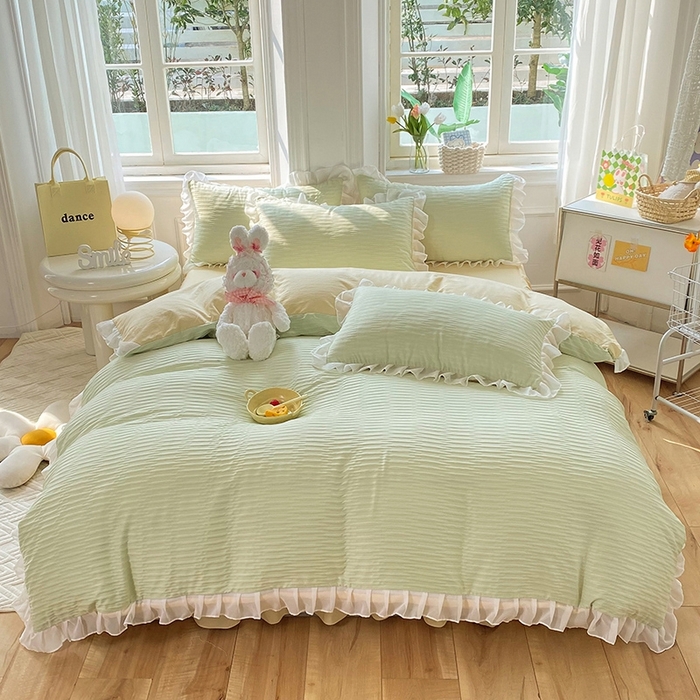 91家纺网 家纺一手货源 找家纺 慕澄  2023新款叶子泡泡雪纺花边系列 叶子泡泡-浅绿米