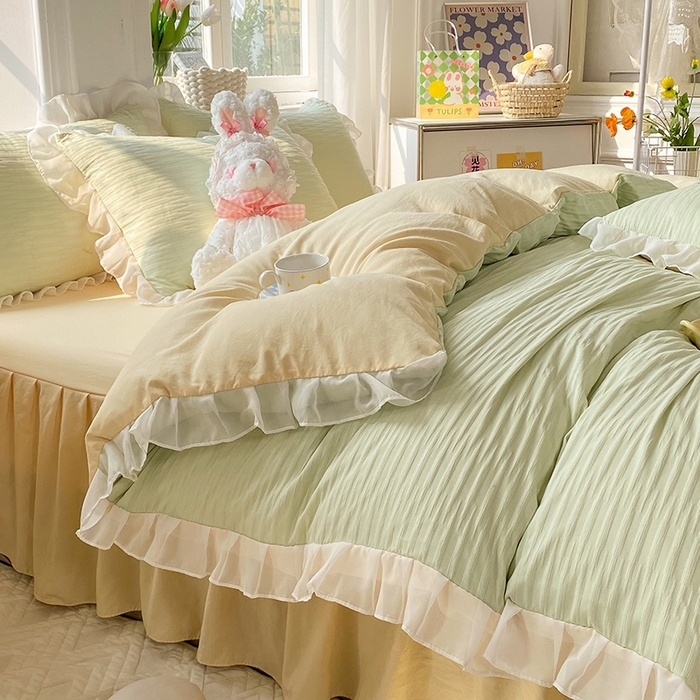 91家纺网 家纺一手货源 找家纺 慕澄  2023新款叶子泡泡雪纺花边系列 叶子泡泡-浅绿米