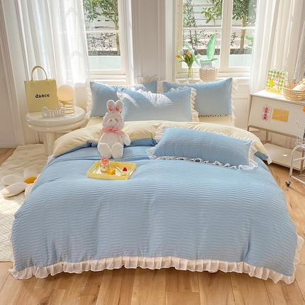 91家纺网 家纺一手货源 找家纺 慕澄  2023新款叶子泡泡雪纺花边系列 叶子泡泡-浅蓝黄