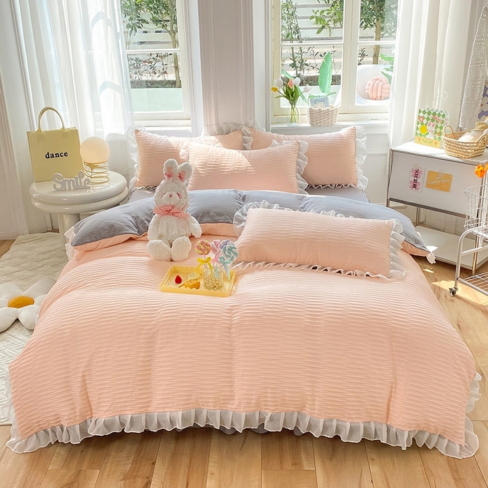 91家纺网 家纺一手货源 找家纺 （总）慕澄  2023新款叶子泡泡雪纺花边系列四件套