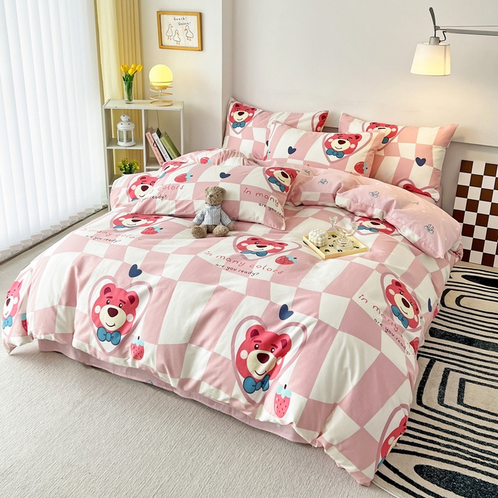 91家纺网 家纺一手货源 找家纺 西引力 2023新款全棉AB版童趣印花套件系列单品床单床笠 害羞熊