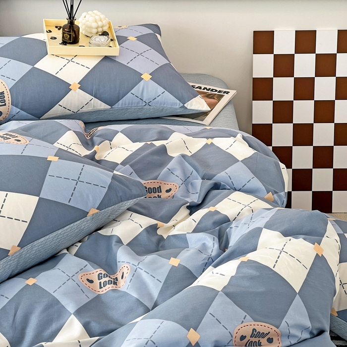 91家纺网 家纺一手货源 找家纺 西引力 2023新款全棉AB版童趣印花套件系列单品床单床笠 英伦蓝