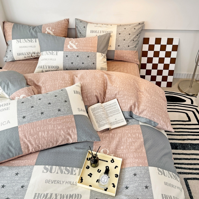 91家纺网 家纺一手货源 找家纺 西引力新款全棉AB版童趣印花套件系列四件套  英伦字母