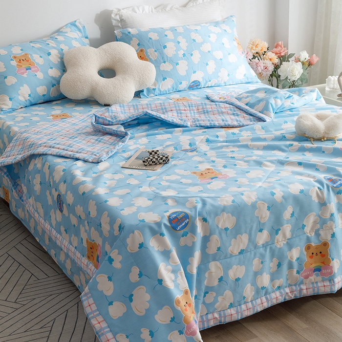 91家纺网 家纺一手货源 找家纺 莱宁被业 2023新款13070纯棉夏凉被全棉夏被四件套 彩虹云朵