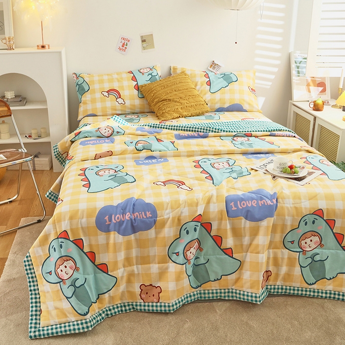 91家纺网 家纺一手货源 找家纺 莱宁被业 2023新款13070纯棉夏凉被全棉夏被四件套 春田花花