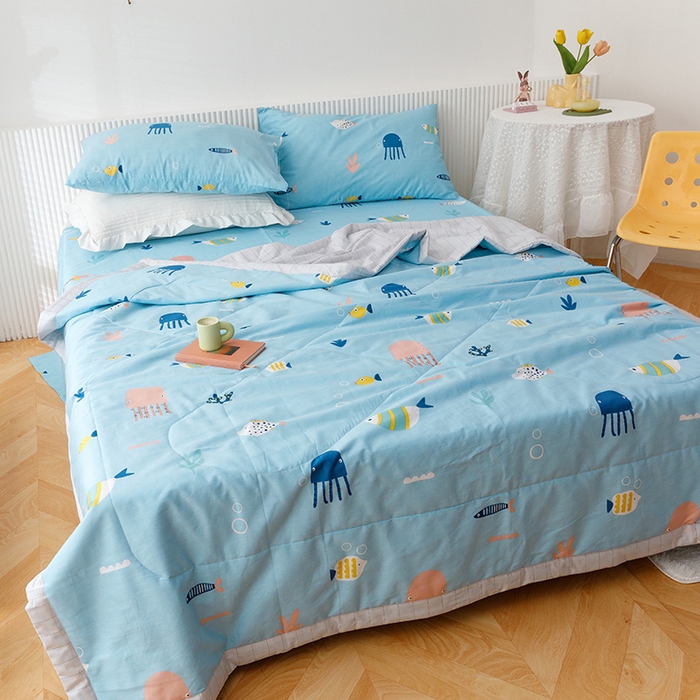 91家纺网 家纺一手货源 找家纺 莱宁被业 2023新款13070纯棉夏凉被全棉夏被四件套 海洋奇缘