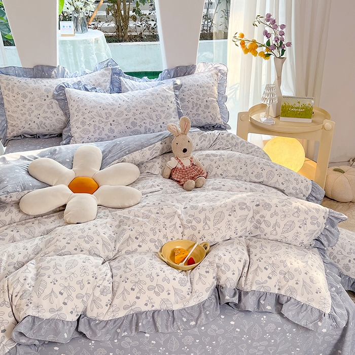 91家纺网 家纺一手货源 找家纺 大米 23韩版印花纯棉全棉荷叶边四件套12868套件 四叶草-冰川蓝