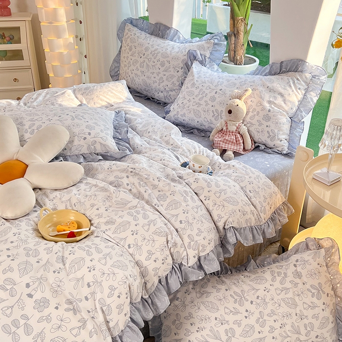 91家纺网 家纺一手货源 找家纺 大米 23韩版印花纯棉全棉荷叶边四件套12868套件 四叶草-冰川蓝