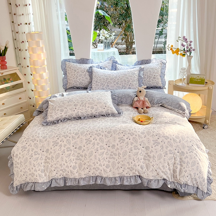 91家纺网 家纺一手货源 找家纺 大米 23韩版印花纯棉全棉荷叶边四件套12868套件 四叶草-冰川蓝