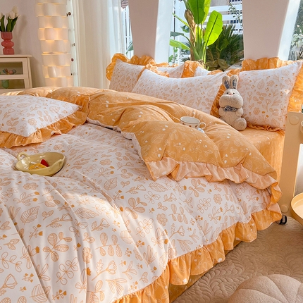 91家纺网 家纺一手货源 找家纺 （总）大米 23韩版印花水洗棉磨毛荷叶边双层纱四件套四叶草系列直播