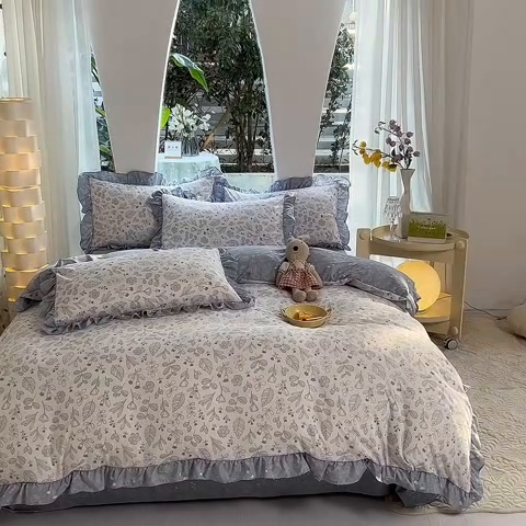 91家纺网 家纺一手货源 找家纺 大米 23韩版印花纯棉全棉荷叶边四件套12868套件 四叶草-冰川蓝