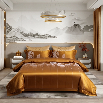 晋瑞 2023新款色织全真丝四件套 云遐庐山金