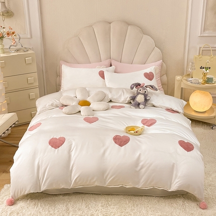艾米家居 2025新款水洗真丝刺绣四件套-爱心系列 爱心白