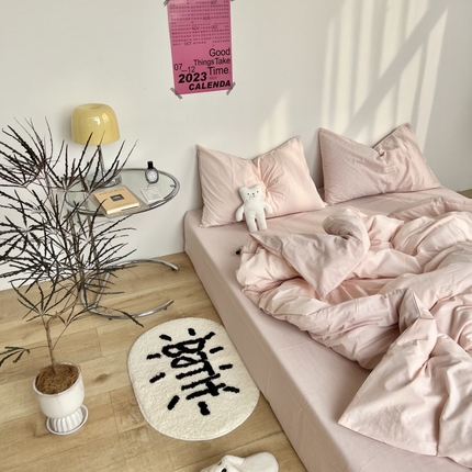 91家纺网 家纺一手货源 找家纺 六巷胡同 2023新款小红书博主风条纹全棉水洗棉纯棉四件套床上用品 蜜桃粉粉条