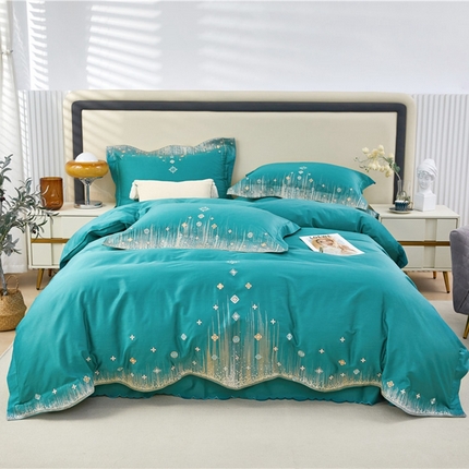 星尚2023款100支长绒棉绣花四件套-摩登丽人 孔雀绿