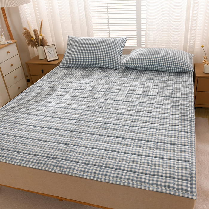 91家纺网 家纺一手货源 找家纺 恋绒 2023新款A类全棉色织水洗棉床垫软床垫床褥垫子 水洗棉-蓝格