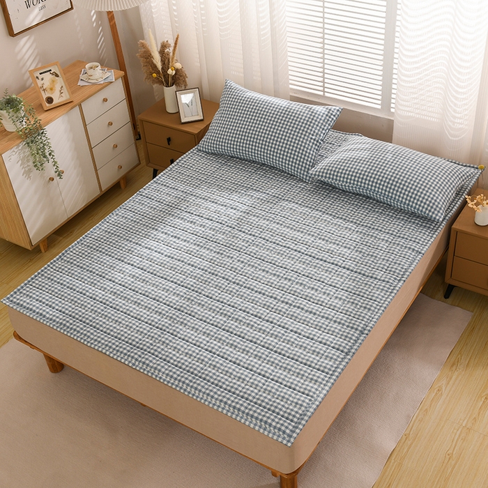 91家纺网 家纺一手货源 找家纺 恋绒 2023新款A类全棉色织水洗棉床垫软床垫床褥垫子 水洗棉-蓝格