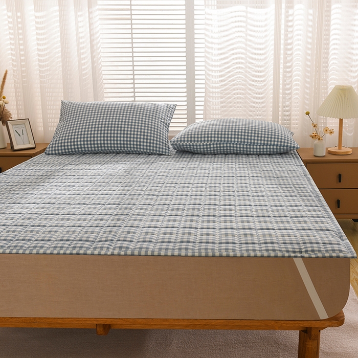 91家纺网 家纺一手货源 找家纺 恋绒 2023新款A类全棉色织水洗棉床垫软床垫床褥垫子 水洗棉-蓝格