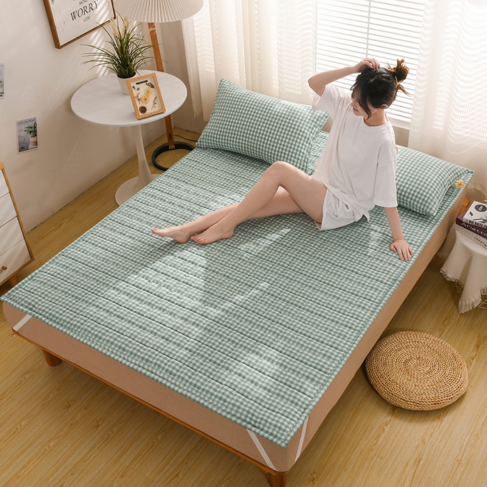 91家纺网 家纺一手货源 找家纺 恋绒 2023新款A类全棉色织水洗棉床垫软床垫床褥垫子 水洗棉-绿格