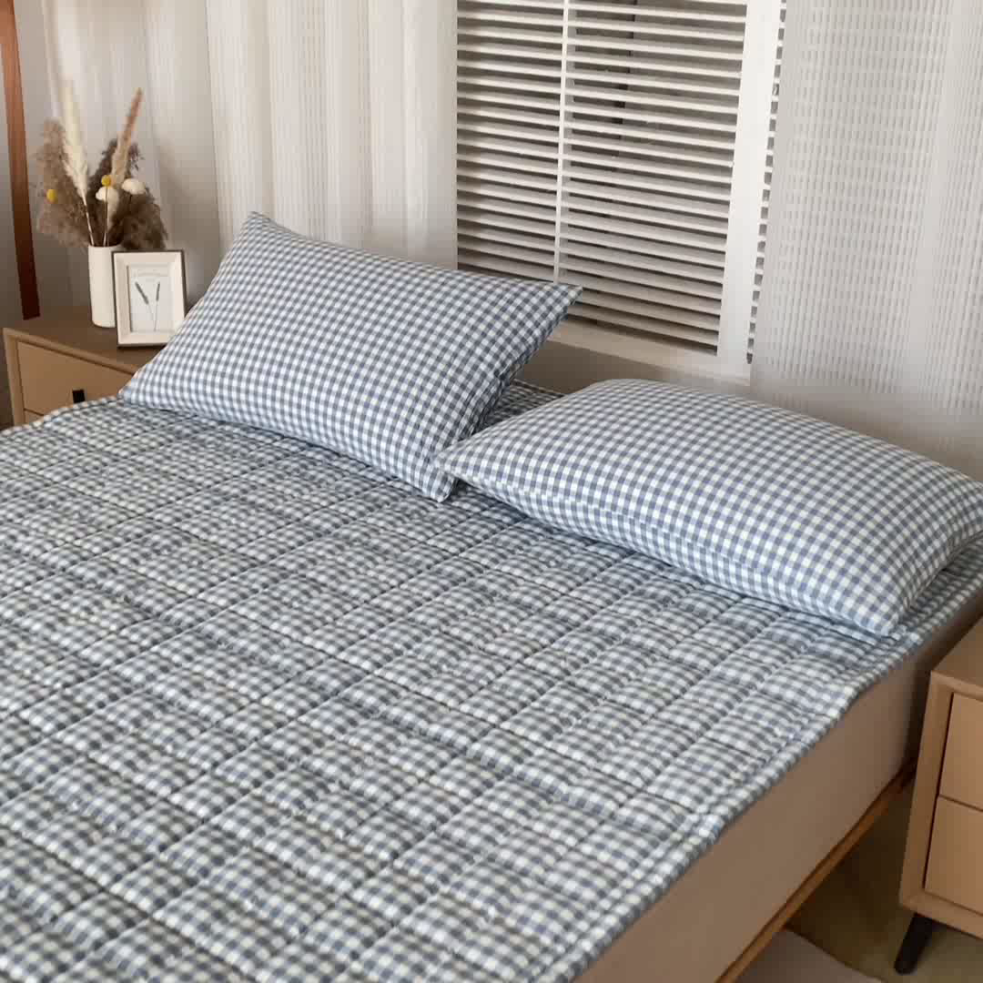91家纺网 家纺一手货源 找家纺 恋绒 2023新款A类全棉色织水洗棉床垫软床垫床褥垫子 水洗棉-蓝格