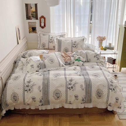 桃子家居 2023新款法式复古花卉花边纯棉系列四件套  花边-浮影