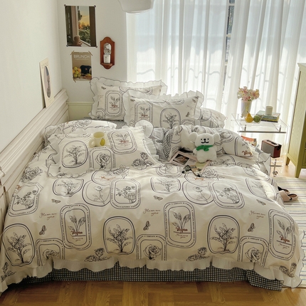 桃子家居 2023新款法式复古花卉花边纯棉系列四件套  花边-优雅